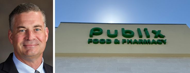 CEO of Publix, Kevin Murphy and an exterior of a Publix supermarket.