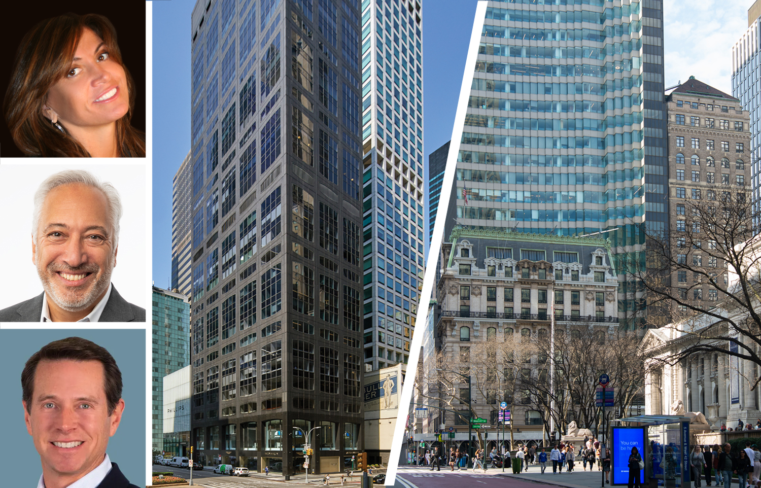 Mogull Realty's Kim Mogull (top), JLL's Patrick Smith (center), CBRE's Paul Amrich, 450 Park Avenue (second from right) and 10 Bryant Park.