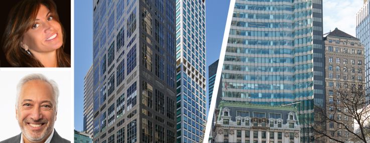 Mogull Realty's Kim Mogull (top), JLL's Patrick Smith (center), CBRE's Paul Amrich, 450 Park Avenue (second from right) and 10 Bryant Park.