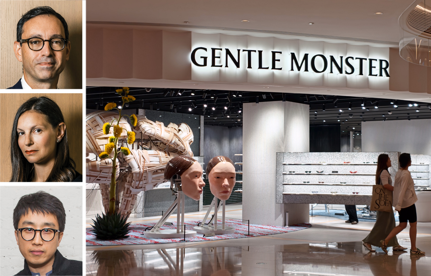Kushner Companies' Laurent Morali (top) and Nicole Kushner Meyer (center), Gentle Monster founder Hankook Kim, a Gentle Monster store in Shanghai, China.