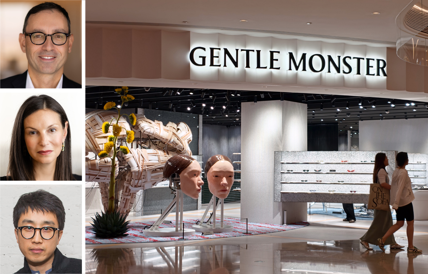 Kushner Companies' Laurent Morali (top) and Nicole Kushner Meyer (center), Gentle Monster founder Hankook Kim, a Gentle Monster store in Shanghai, China.