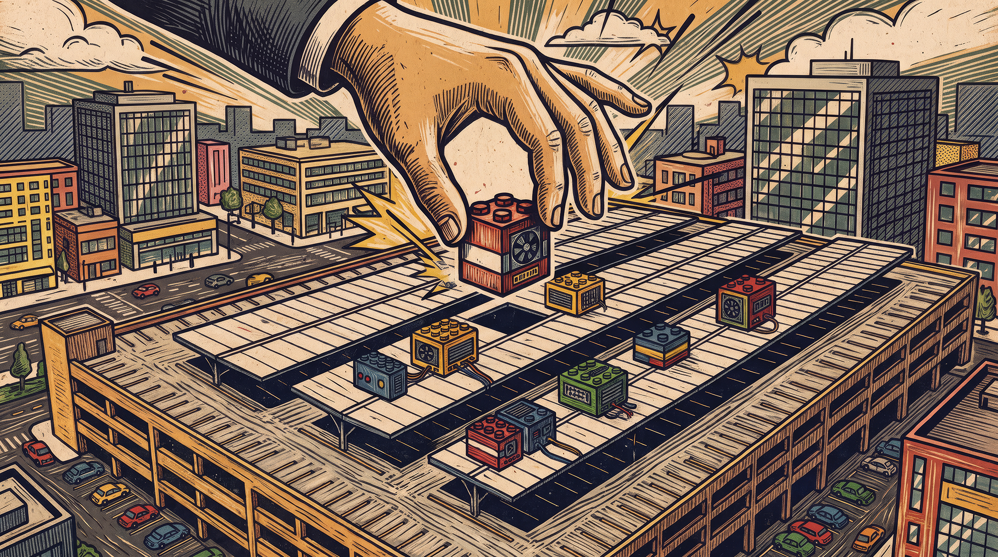 An illustration of a hand placing miniature data centers onto the roof of a covered parking lot.