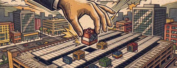 An illustration of a hand placing miniature data centers onto the roof of a covered parking lot.