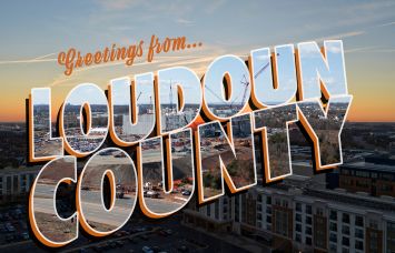 A illustration of modern Loudon County, Virginia, in the style of an old postcard.