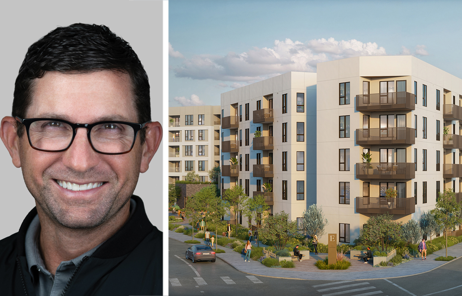 Berkadia's Louis Friedel and a rendering of ElevenOneEleven at 11111 Jefferson Boulevard, Culver City, Calif.