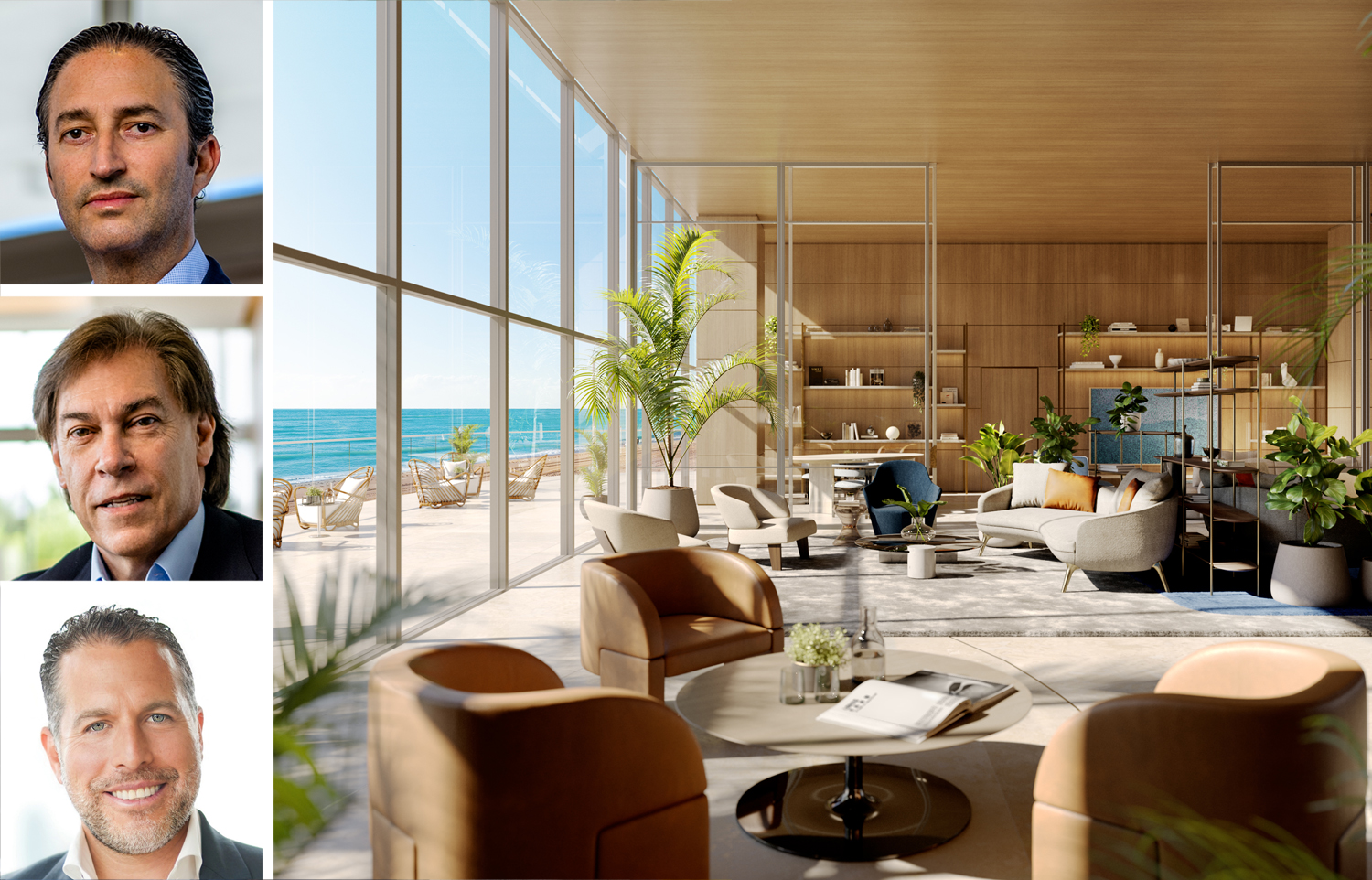 Château Group's Manuel Grosskopf (top), Fortune International Group's Edguardo Defortuna (center), Madison Realty Capital's Josh Zegen, and a rendering of St. Regis Residences condo development in Sunny Isles Beach, Fla.