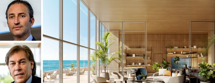 Château Group's Manuel Grosskopf (top), Fortune International Group's Edguardo Defortuna (center), Madison Realty Capital's Josh Zegen, and a rendering of St. Regis Residences condo development in Sunny Isles Beach, Fla.