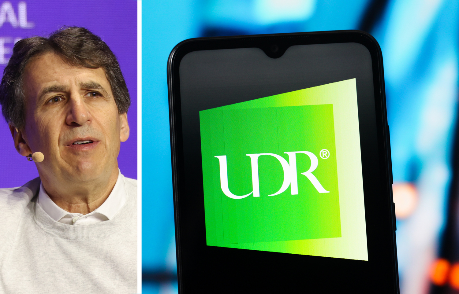 Apollo Global Management's Marc Rowan and UDR's logo displayed on a mobile phone.