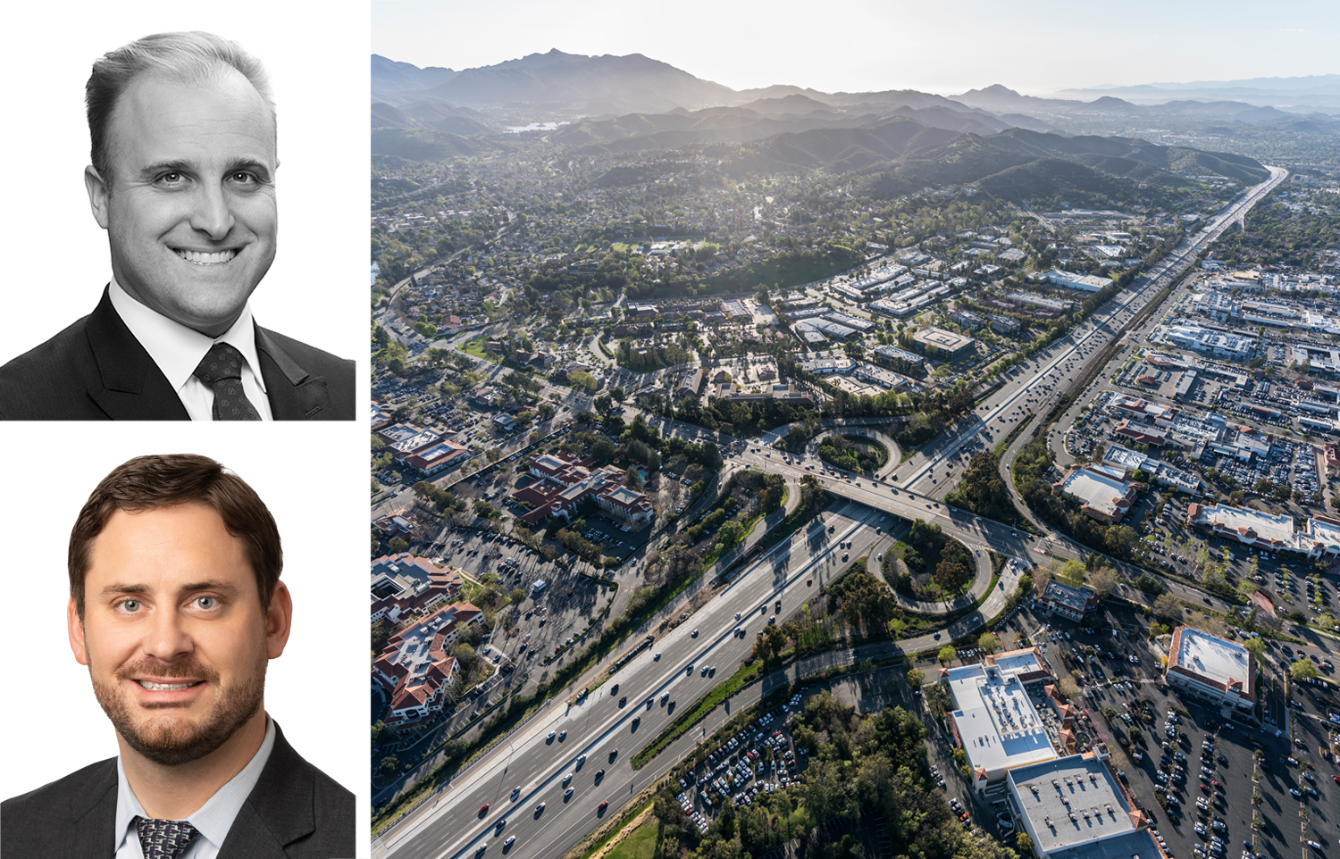 JLL's Marc Schillinger (top) and Jeff Sause, and an aerial view of Thousand Oaks, Calif.