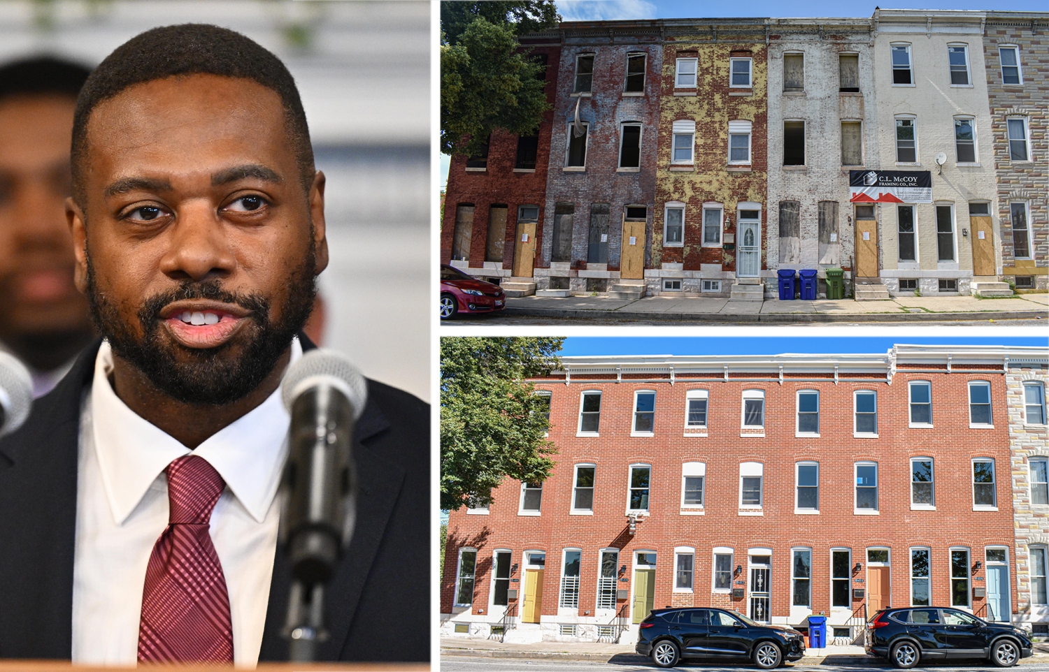 Greater Baltimore Committee President and CEO Mark Anthony Thomas and before and after photos of the 400 block of East Biddle Street, Baltimore.