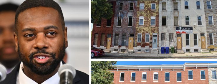 Greater Baltimore Committee President and CEO Mark Anthony Thomas and before and after photos of the 400 block of East Biddle Street, Baltimore.
