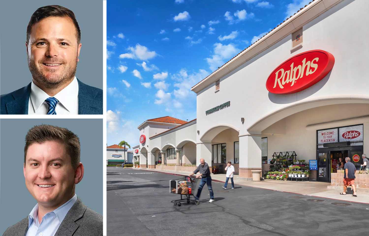 CBRE's Mark Damiani (top) and Jimmy Slusher, and Village Center at Rose in Placentia, Calif.