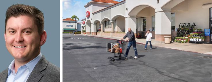 CBRE's Mark Damiani (top) and Jimmy Slusher, and Village Center at Rose in Placentia, Calif.