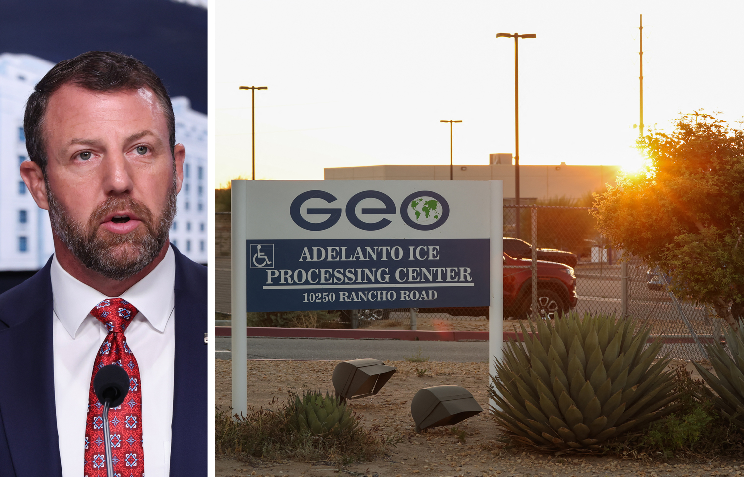 Secretary of the Department of Homeland Security Marywayne Mullin and a GEO Group ICE Processing Center in Adelanto, Calif.