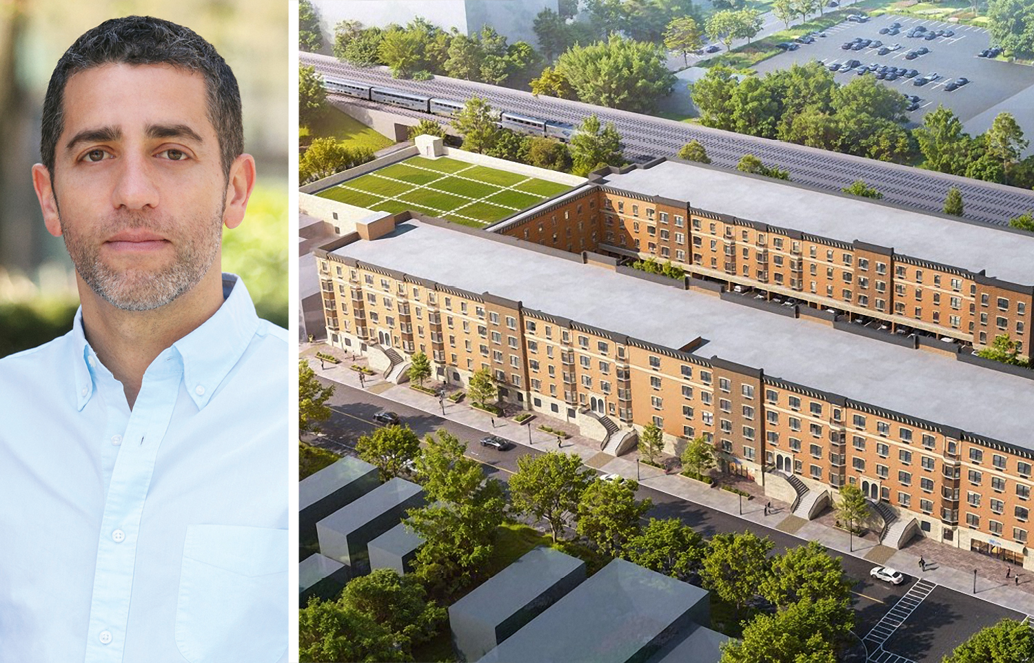 Slate Property Group's Martin Nussbaum and a rendering of Meridia Brownstones II in Rahway, N.J.