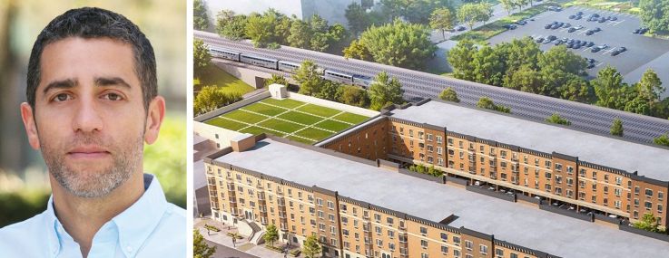 Slate Property Group's Martin Nussbaum and a rendering of Meridia Brownstones II in Rahway, N.J.