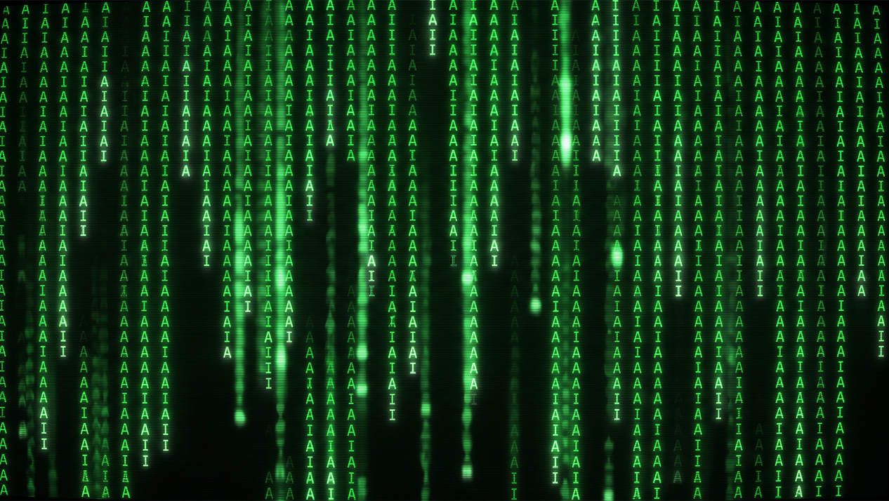 An illiustration of a the letters A and I in bright green in rows on a black background.