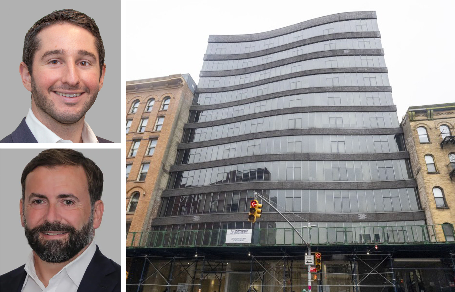 Cushman & Wakefield's Matt Weinreb (top) and Andrew Kahn, and 210 Lafayette Street.