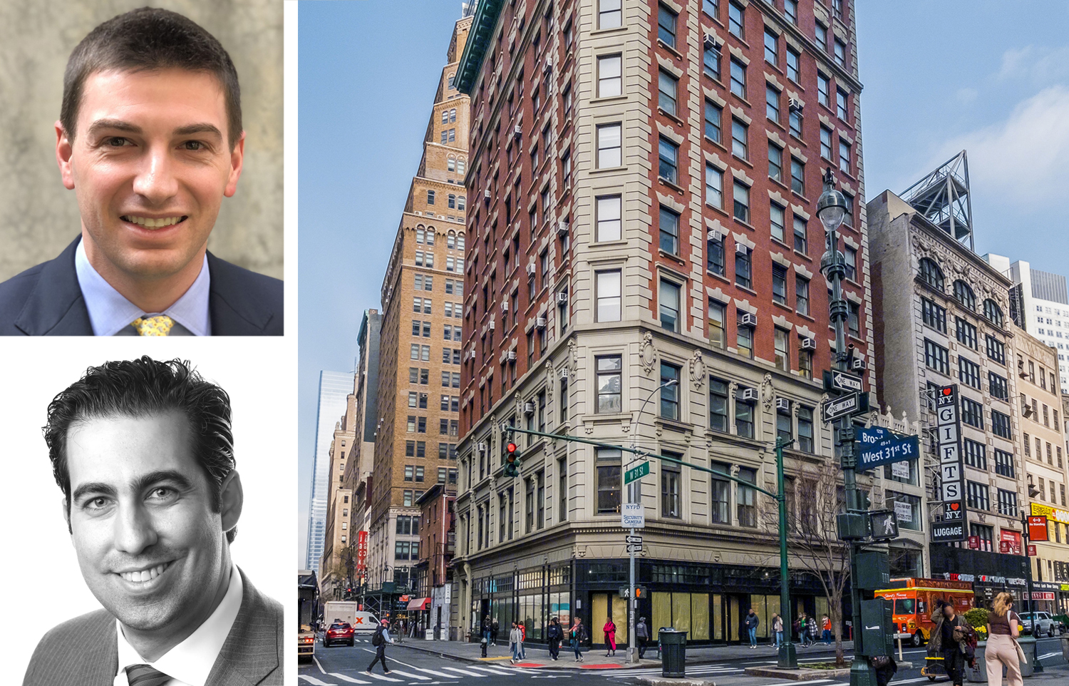 Koeppel Rosen's Max Koeppel (top), JLL's Charles Gerace II and 1261 Broadway.