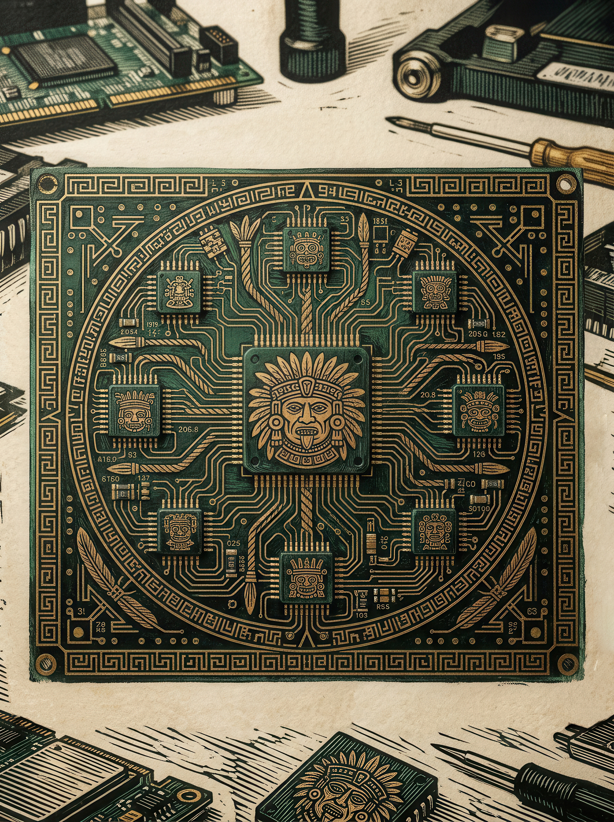 An illustration of a circuit board with Mexican iconography.
