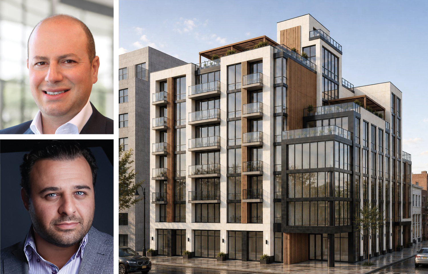 Arrow Real Estate Advisors' Morris Betesh (top), BridgeCity Capital's Louis Lebovits and a rendering of 10-56 46th Road, Queens.