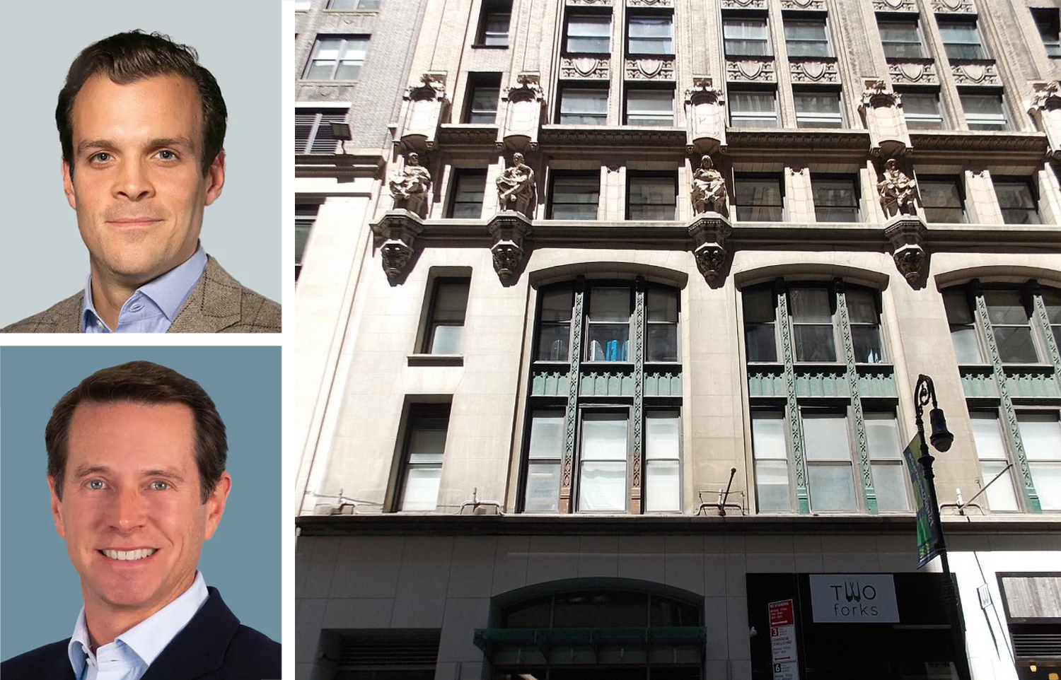 CBRE’s Neil King (top) and Paul Amrich, and 11 Bryant Park Plaza.