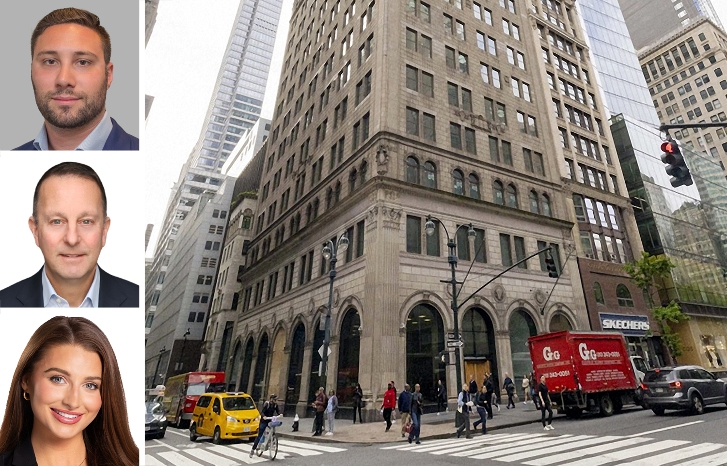 Cushman & Wakefield’s Nick Masi (top), Newmark’s Scott Klau (center) and Natalie Serio and 511 Fifth Avenue.