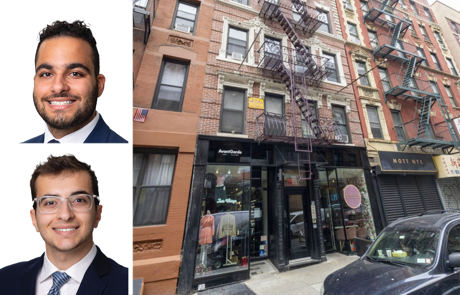 Meridian Retail Leasing's Noam Aziz (top) and Carson Shahrabani, and 167 Mott Street.