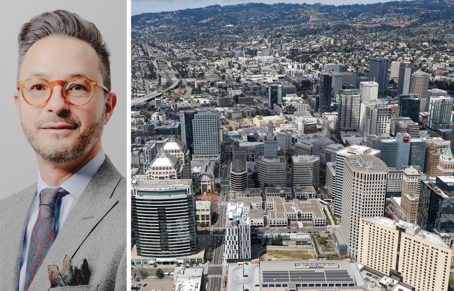 Wells Fargo's Pete Cannava and an aerial view of Oakland, Calif.