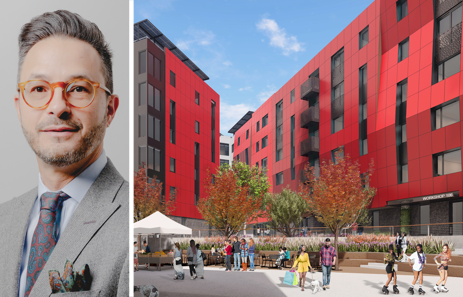 Wells Fargo's Pete Cannava and a rendering of the Residences at Liberation Park in Oakland, Calif.