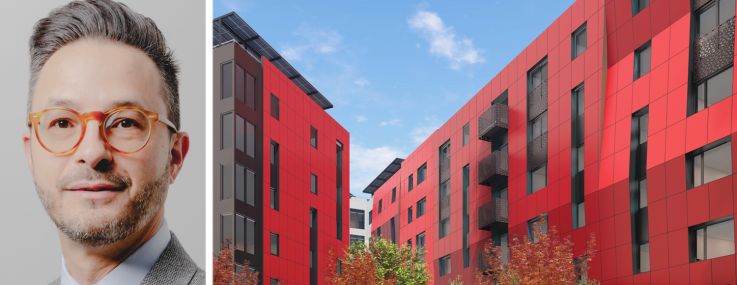 Wells Fargo's Pete Cannava and a rendering of the Residences at Liberation Park in Oakland, Calif.