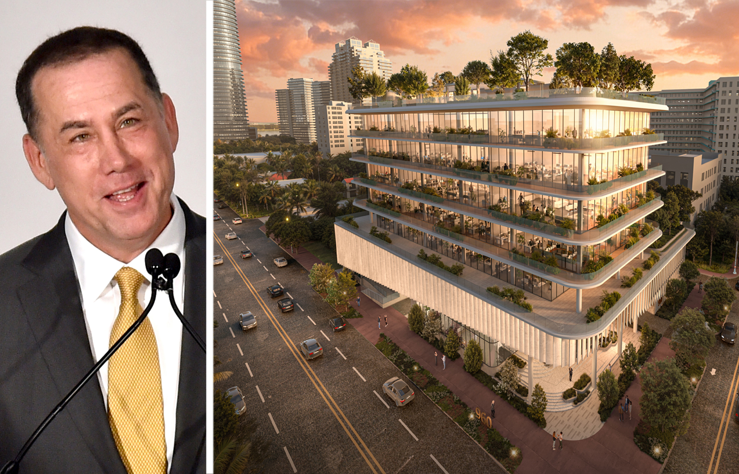 Former Miami Beach Mayor Philip Levine and a proposed rendering of 930 and 960 Alton Road in Miami Beach, Fla.