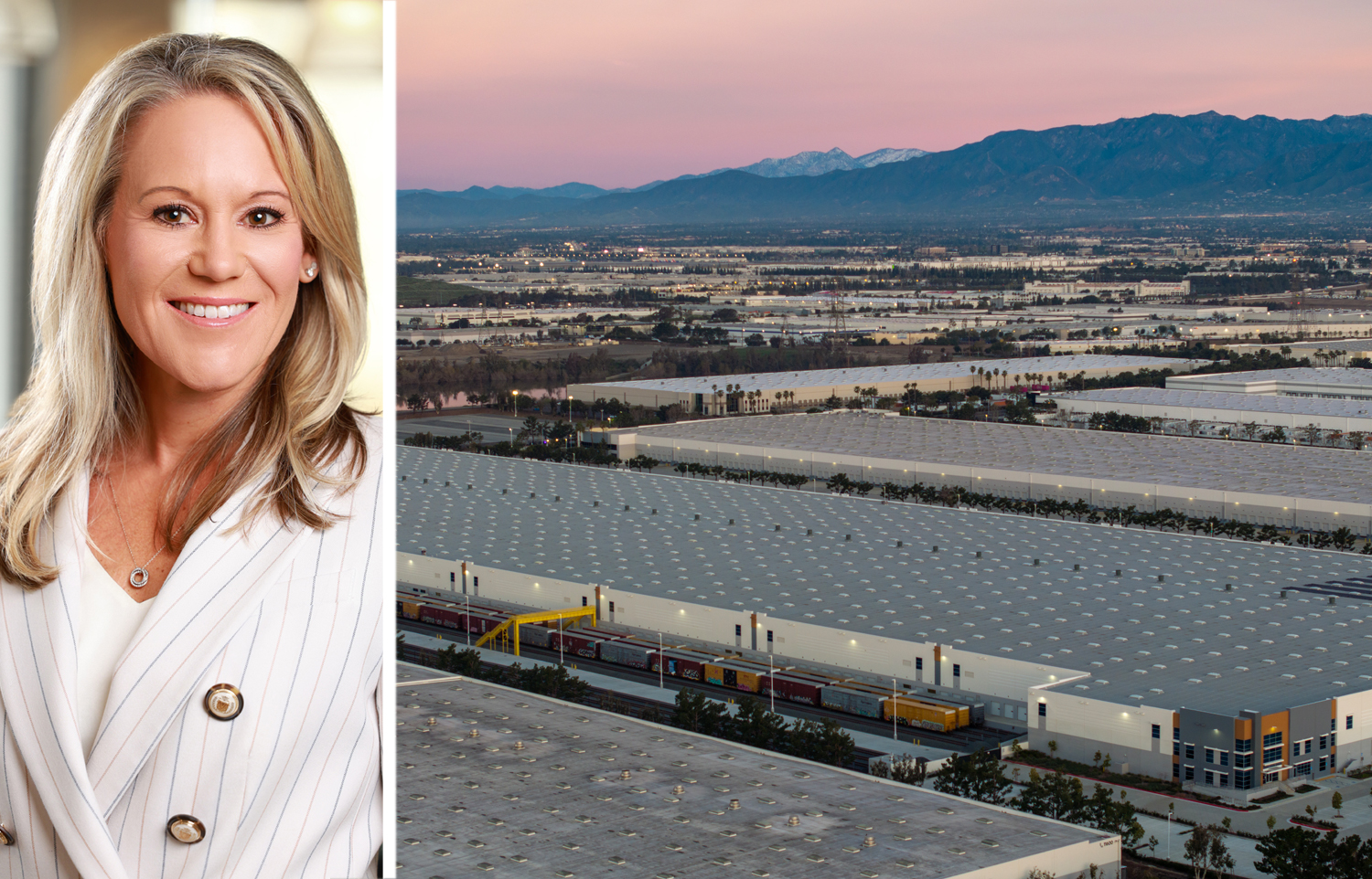 Rexford CEO Laura Clark and an aerial view of warehouses in Southern California.