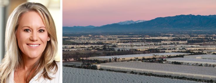 Rexford CEO Laura Clark and an aerial view of warehouses in Southern California.