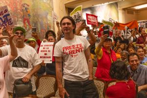Tenant rights groups celebrate at the final hearing of the New York City Rent Guidelines Board on June 25, 2026.