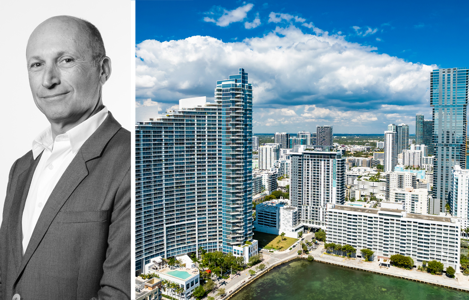 North Development's Ricardo Dunin and an aerial view of 2100 North Bayshore Drive in Miami. The Paramount (left) and Biscayne 21 (right) are adjacent to the lot.