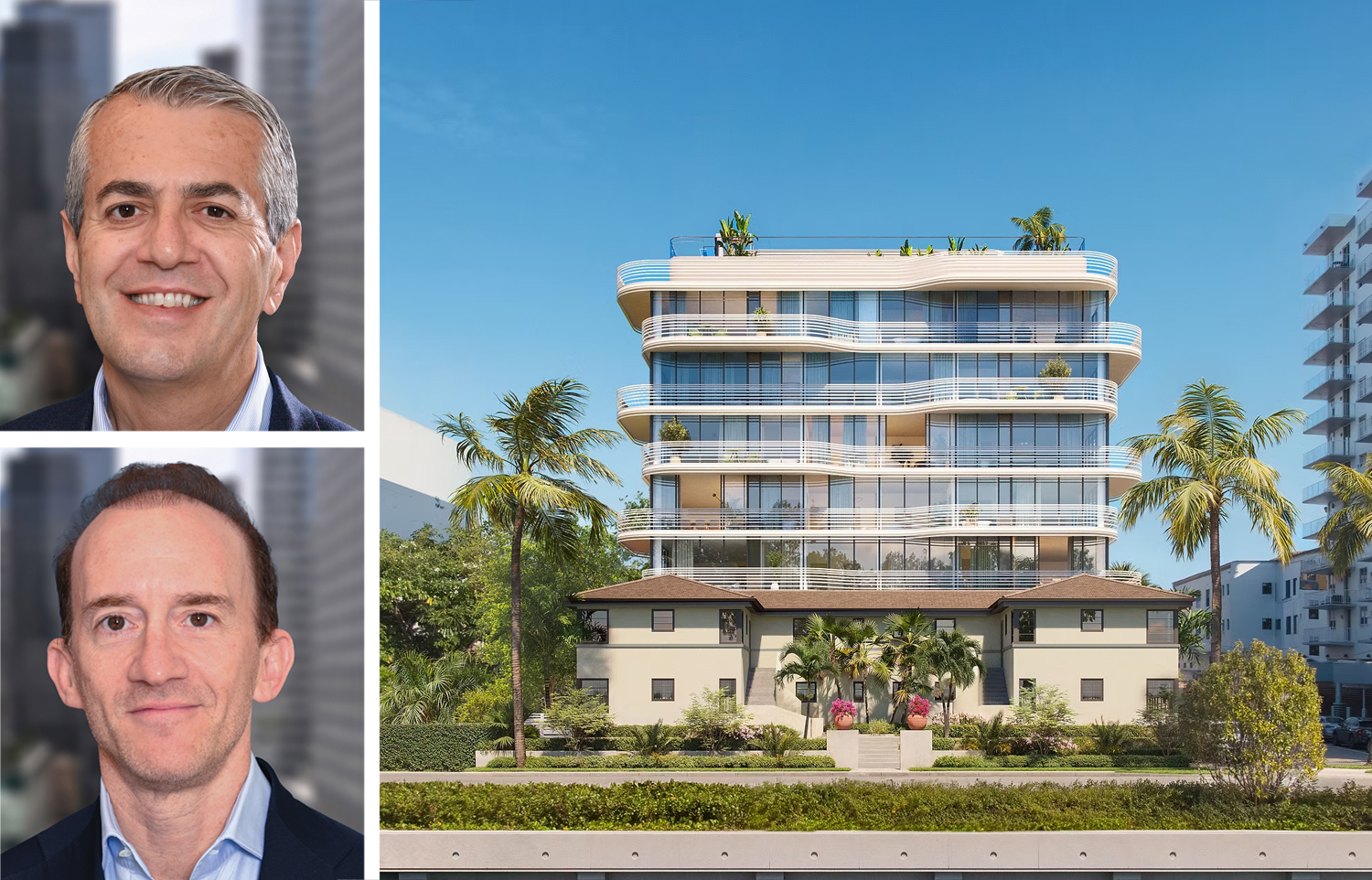 S3 Capital's Robert Schwartz (top) and Joshua Crane, and a rendering of Twenty Nine Indian Creek planned for Miami Beach, Fla.
