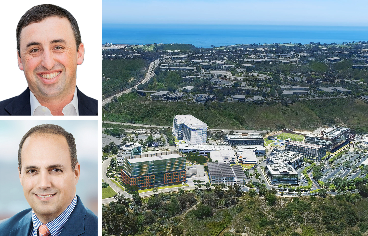 Sam Caven (top), co-Head of Acquisitions, Americas at KKR, and Peter Moglia, CEO of Alexandria Real Estate, and the Campus Point by Alexandria Megacampus in San Diego, Calif.