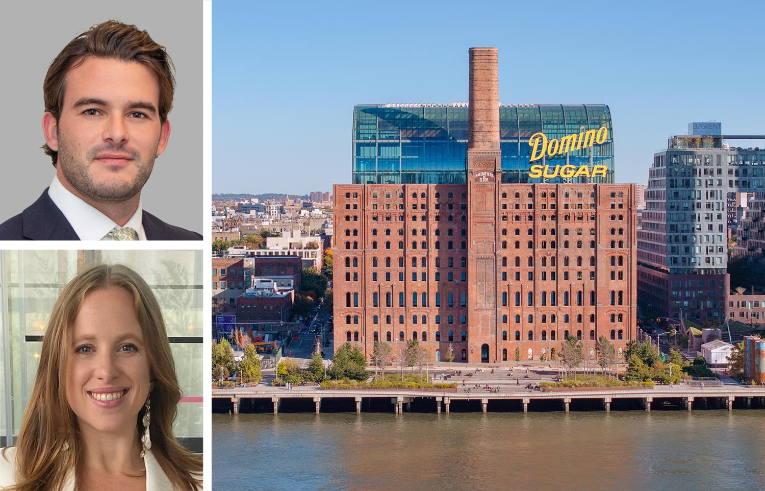 Cushman & Wakefield's Sam Hoffman (top), Two Trees Management's Alyssa Zahler and the Refinery at Domino in Brooklyn.