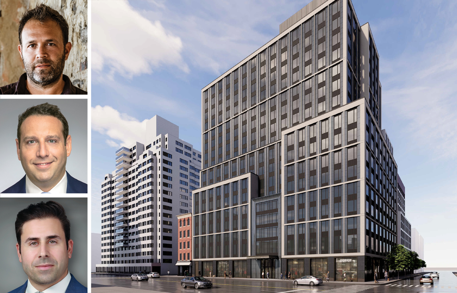 SK Development's Scott Shnay (top), Walker & Dunlop's Aaron Appel (center) and Keith Kurland, and a rendering of 50 Third Avenue.