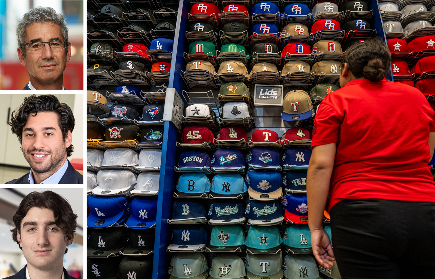 RCS Real Estate Advisors' Spence Mehl (top), JLL's Jesse Wolff (center) and Elijah Mehl, and a display inside a Lids store.