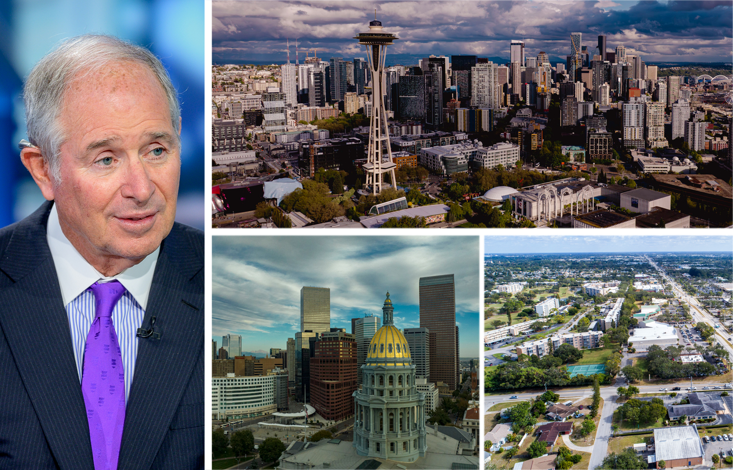 Blackstone's Stephen Schwarzman, Seattle (top), Denver (bottom left), and Bradenton, Fla.