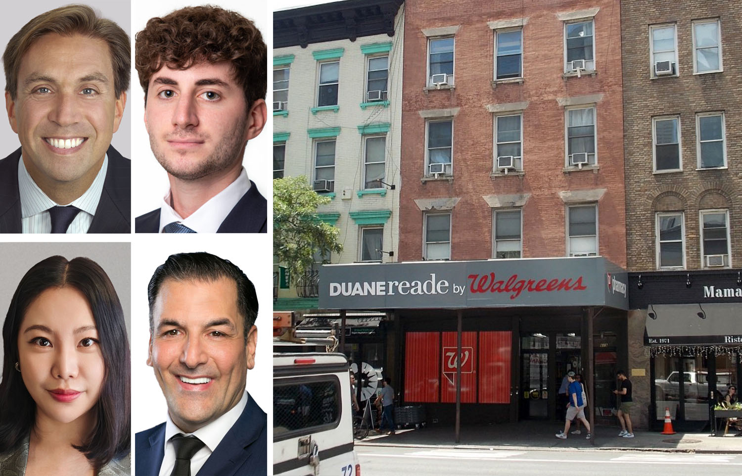 Lee & Associates' Todd Korren (top left) and Milly Cheung (bottom left), Meridian Capital's Kyle Fink (top right) and James Famularo, and 619 Ninth Avenue.
