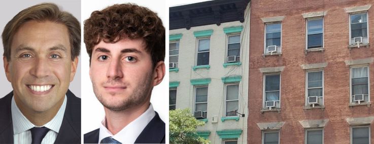 Lee & Associates' Todd Korren (top left) and Milly Cheung (bottom left), Meridian Capital's Kyle Fink (top right) and James Famularo, and 619 Ninth Avenue.