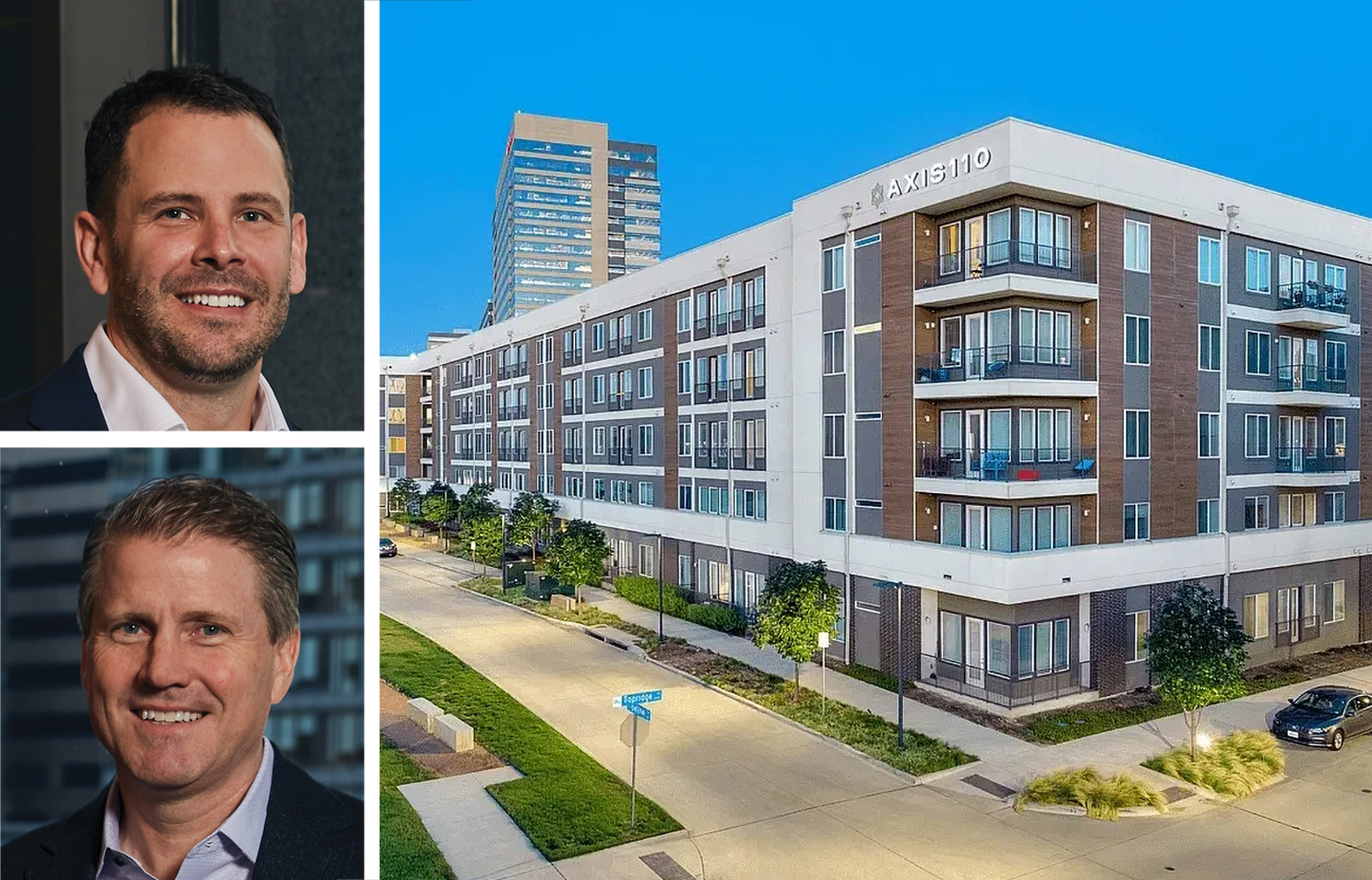 CBRE's Tom Rugg (top) and Tom Traynor, and Axis 110 in Richardson, Texas.