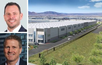 CBRE's Tom Rugg (top) and Tom Traynor, and a rendering of Locust Gateways in Rialto, Calif.