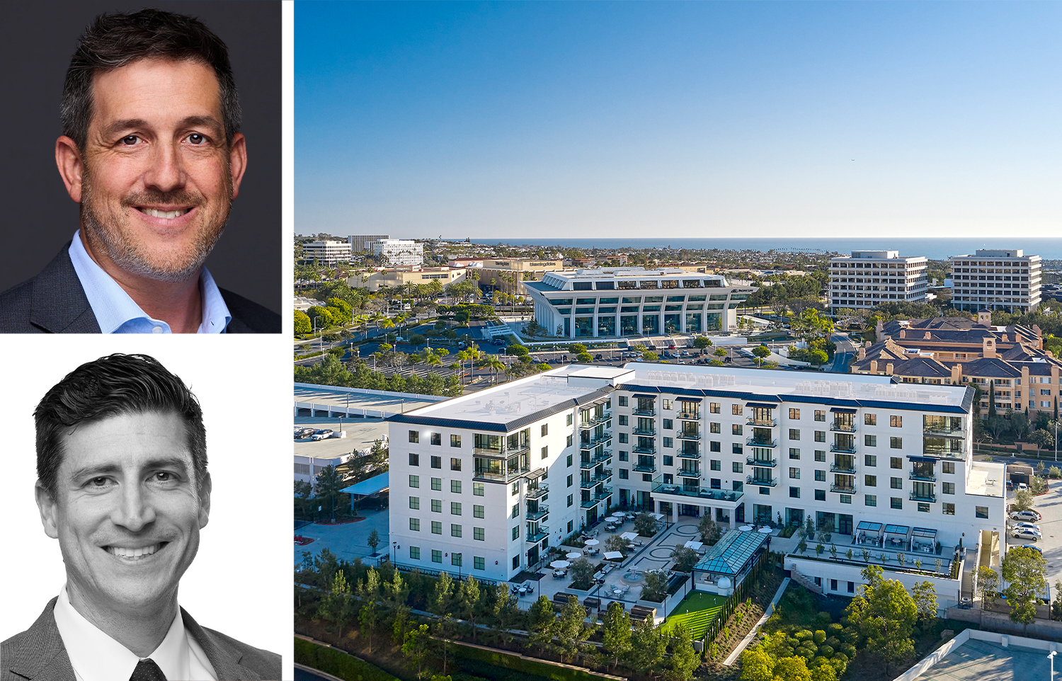Aaron Rosenzweig (top) and Greg Brown (bottom) of JLL, pictured with Vivante Newport Center in Newport Beach, Calif.
