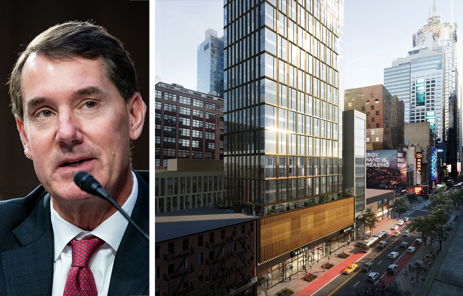 PNC Bank Chairman and CEO WIlliam Demchak and a rendering of The Ellery at 312 West 43rd Street.