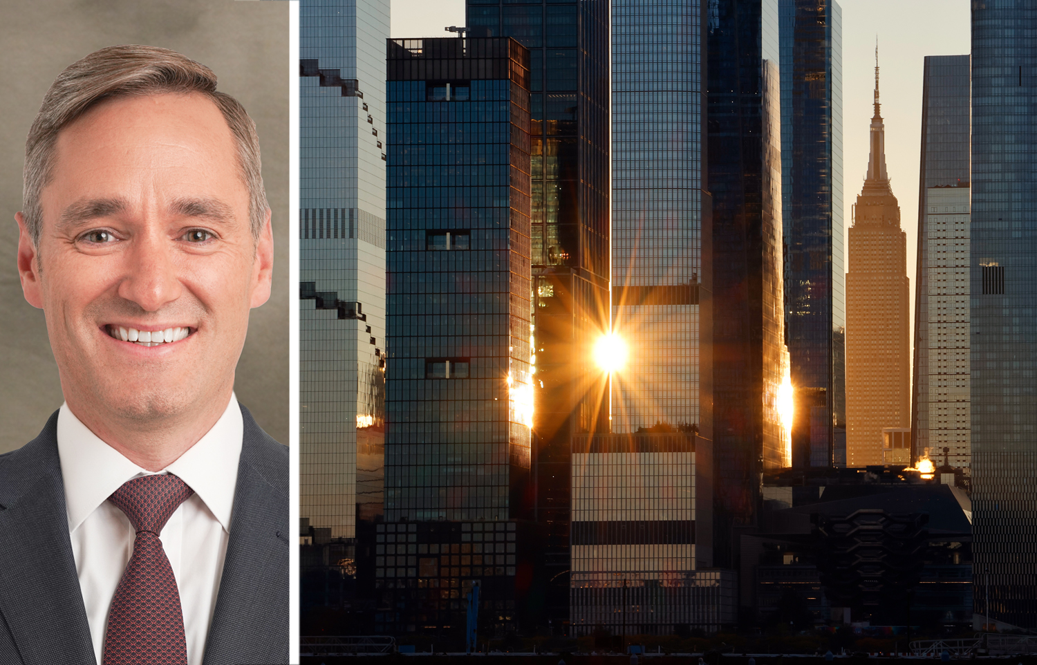 Blackstone Mortgage Trust CEO Tim Johnson and part of the Manhattan skyline.