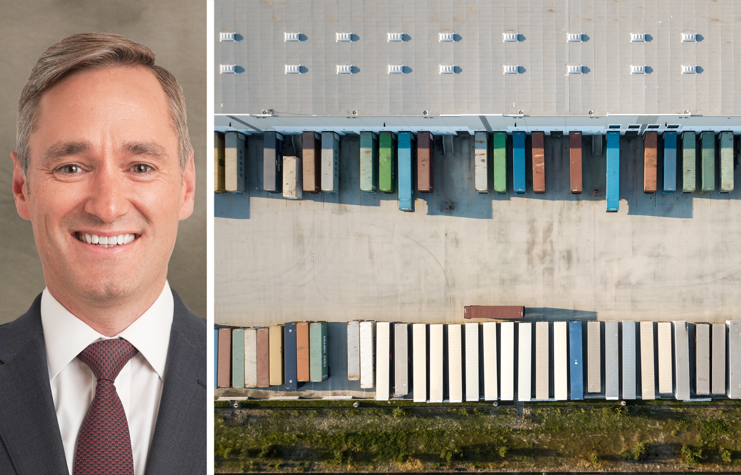 Blackstone Mortgage Trust CEO Tim Johnson and an overhead view of a warehouse loading dock.